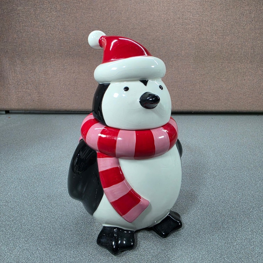 Christmas Penguin Cookie Jar Black White Red Fair Santa Hat Scarf